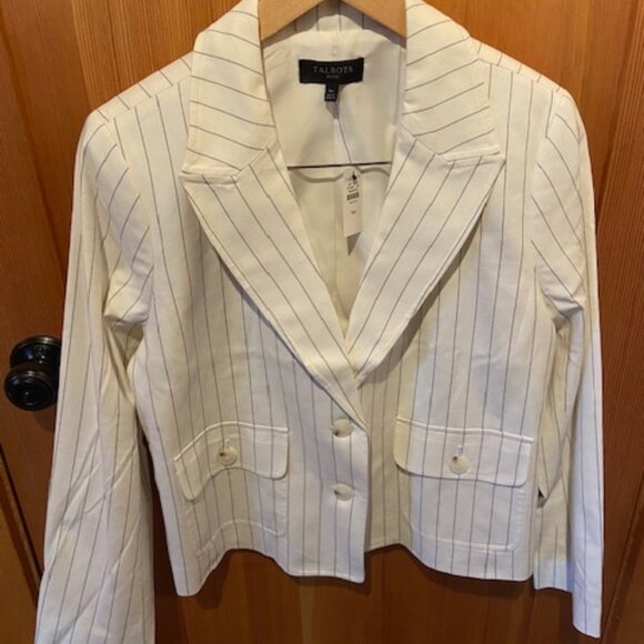 Talbots Double Breasted Blazer Nautical Stripe Navy/Cream Womens Sz16 Petite - Picture 1 of 5
